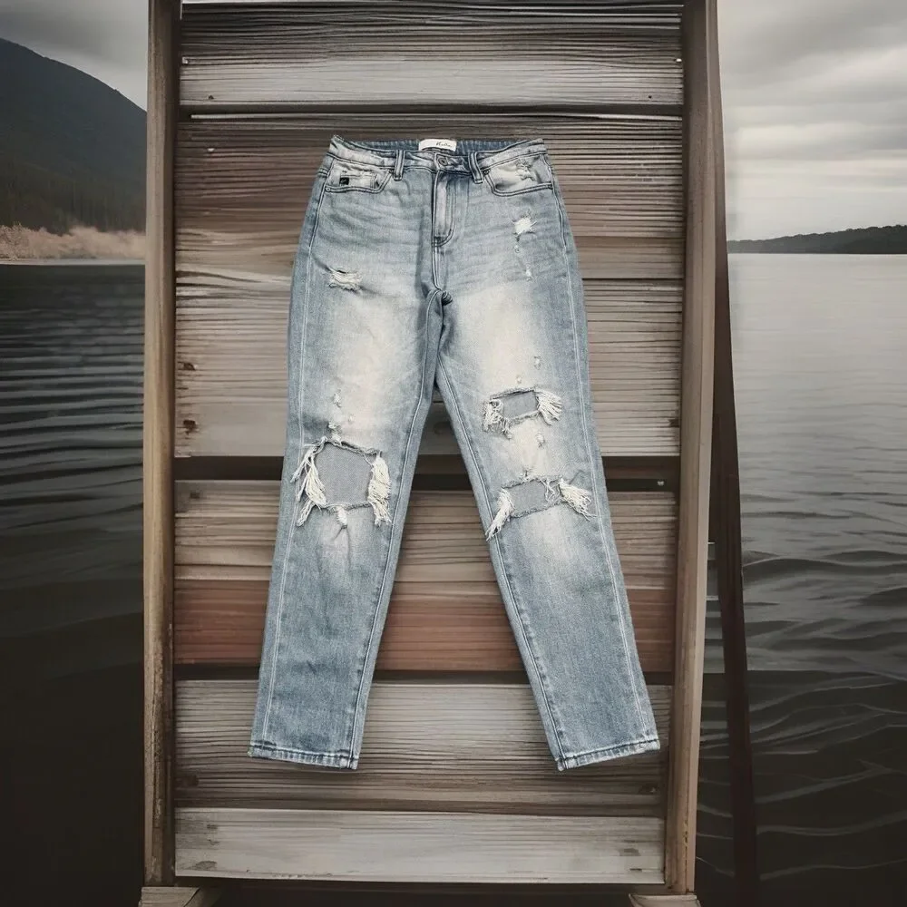 KanCan High Rise Jeans 5/26 (27x29) Blue Distressed Holes Tapered Denim Juniors